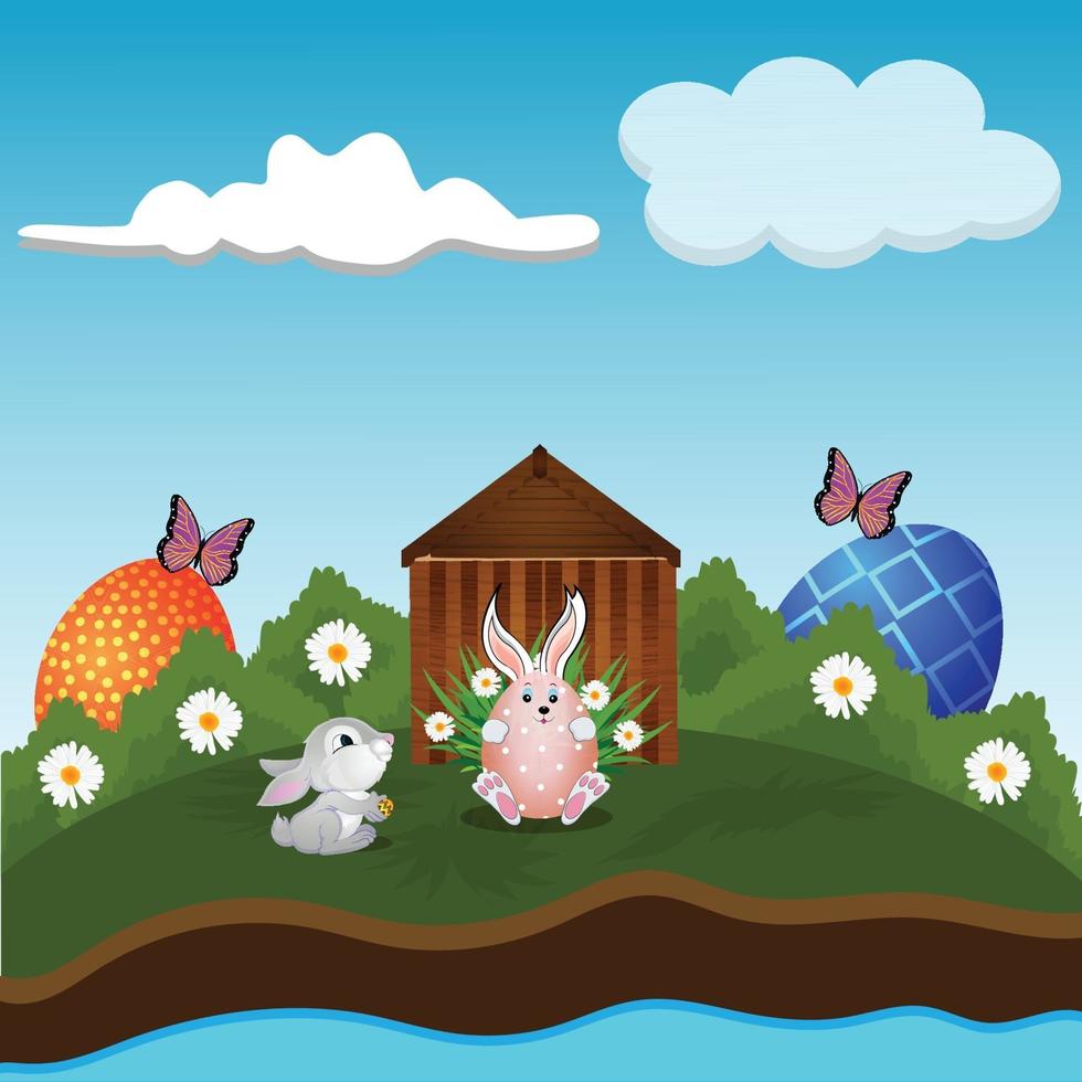 Happy easter day greeting card with easter eggs and bunnies vector