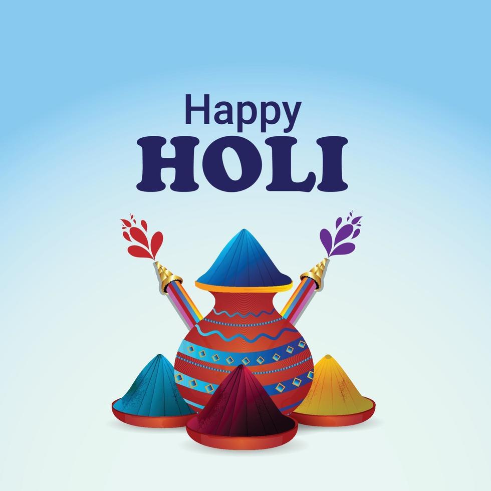 Happy holi celebration with color mud pot, color bowl and color background vector