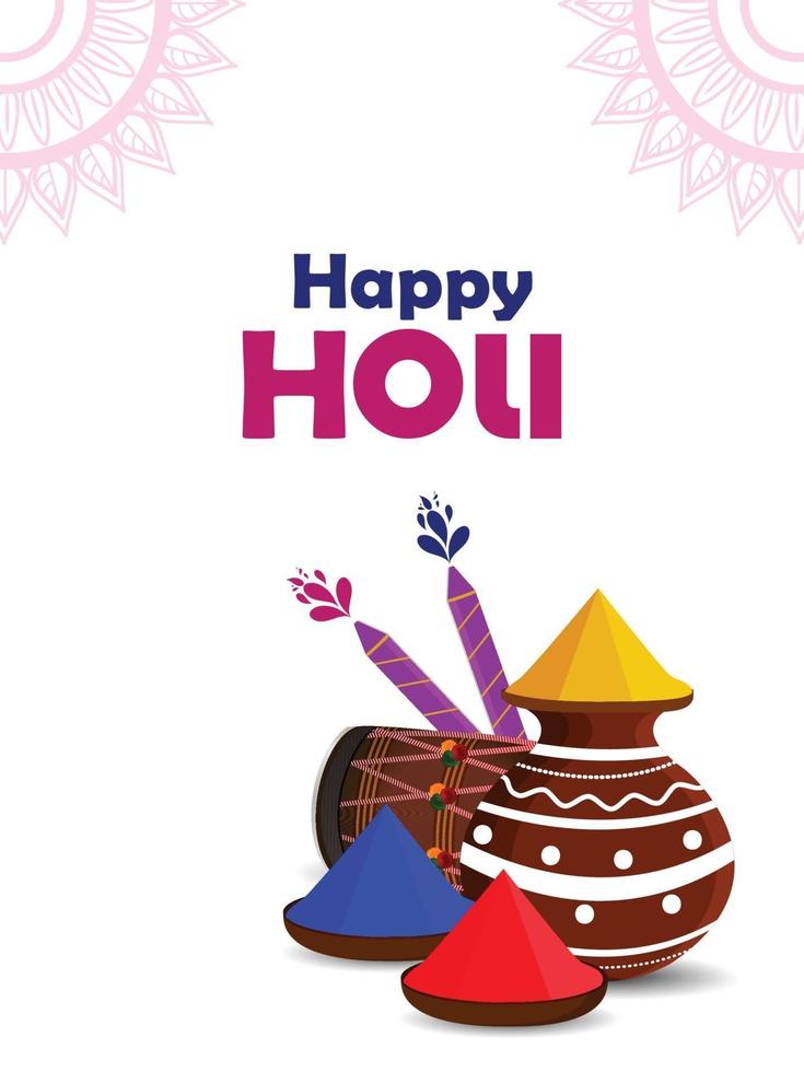 Happy holi hindu culture festival celebration poster with creative color mud pot and color gun vector