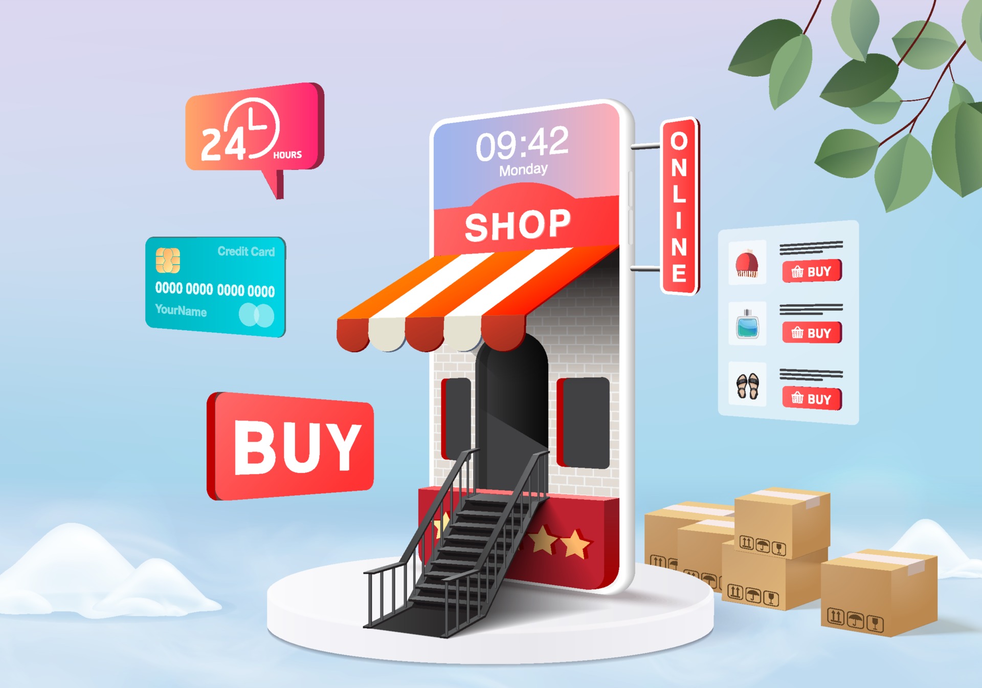 Gemakkelijk Pompeii Ontleden 3D shopping online store for sale, mobile e-commerce 3d pink pastel  background, shop online on mobile app 24 hours. shopping cart, credit card.  minimal shopping online store device 3d vector rendering 2194883