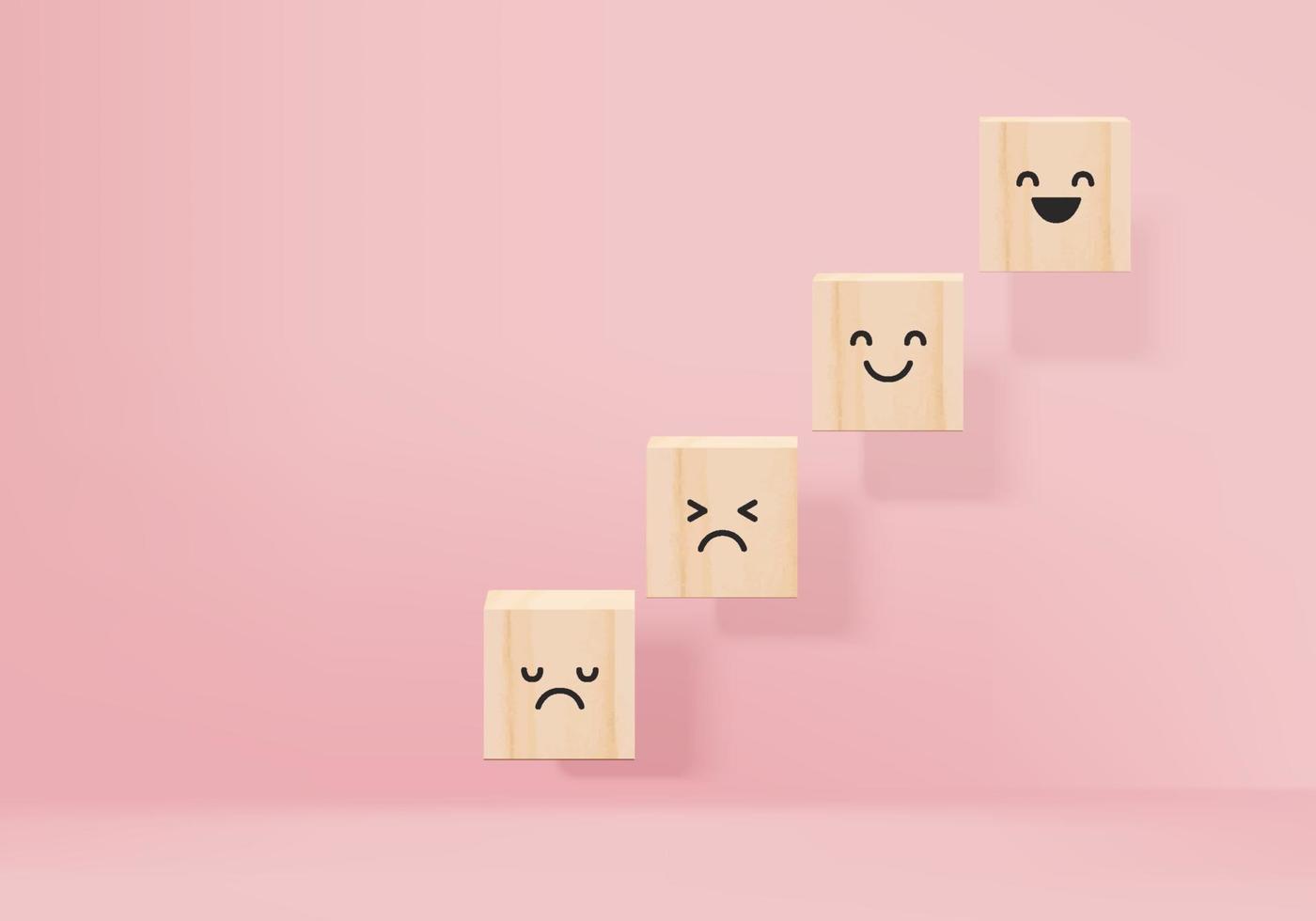 3d rendering vector for customer service evaluation and survey concepts Client picked the smile face on 3d rendered wooden cube to happy. happy pink pastel studio background.