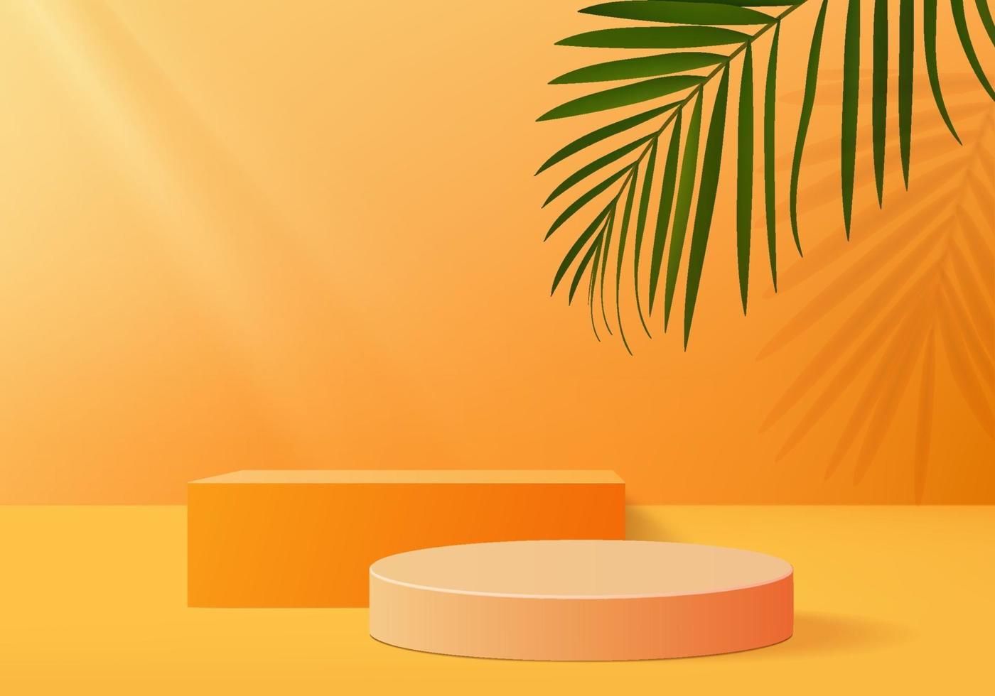 3d background products display podium scene with geometric platform. background vector 3d rendering with podium. stand to show cosmetic products. Stage showcase on pedestal display orange studio