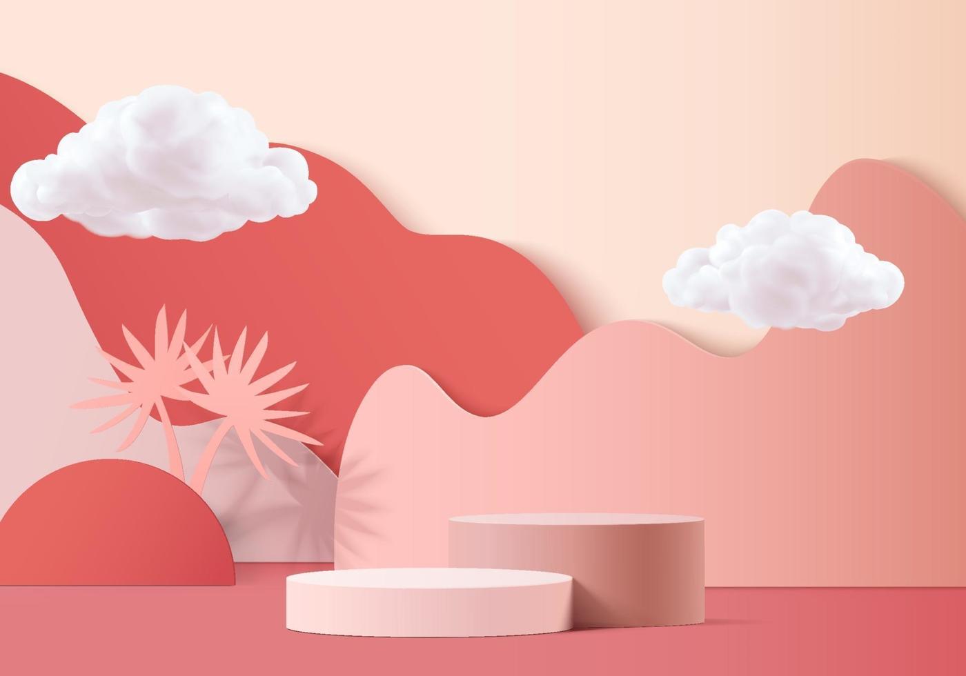 Background vector 3d pink rendering with podium and minimal cloud scene, minimal product display background 3d rendered geometric shape sky cloud pink pastel. Stage 3d render product in platform