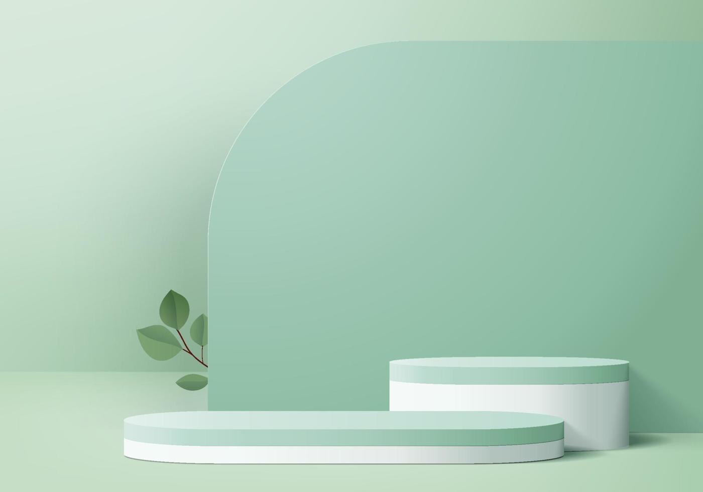 3d background products display podium scene with green leaf geometric platform. background vector 3d render with podium. stand to show cosmetic products. Stage showcase on pedestal display green studio