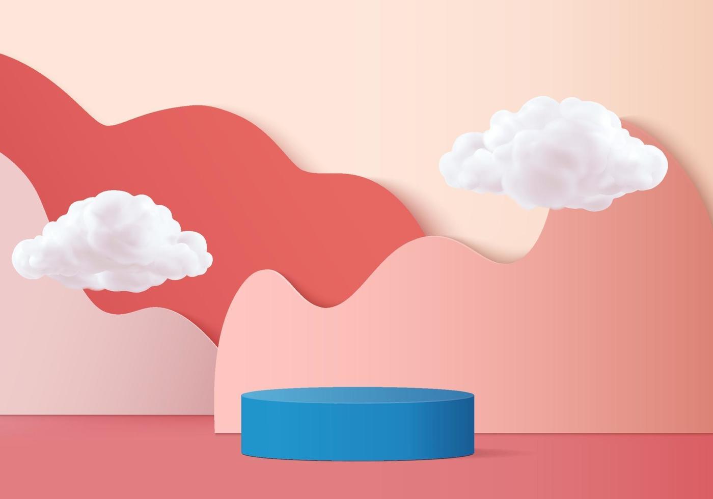 Valentine background vector 3d pink rendering with podium and cloud white scene, cloud 3d minimal background 3d rendering valentine love pink pastel podium. Stage pink on cloud render background