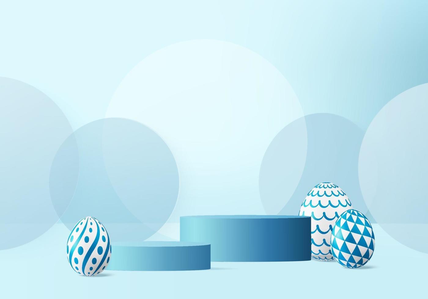 Easter eggs podium with 3d render vector in blue scene background. Easter day with geometry platform for product display. stand to show cosmetic products.  Stage showcase on pedestal display studio