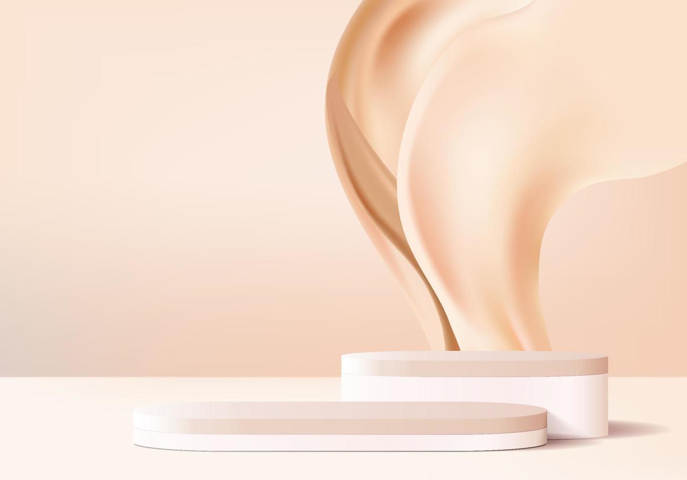 Escena mínima abstracta de producto de pantalla beige 3d con remolino de salpicaduras de líquido en la plataforma del podio vector de fondo de flujo de fluido crema render con podio. pedestal 3d beige para productos cosméticos belleza.