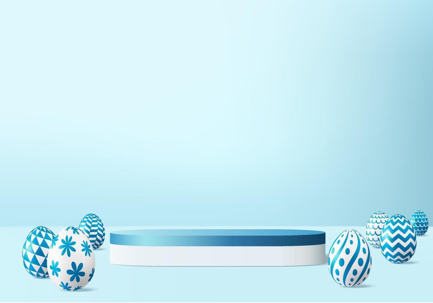 Easter eggs podium with 3d render vector in blue scene background. Easter day with geometry platform for product display. stand to show cosmetic products.  Stage showcase on pedestal display studio