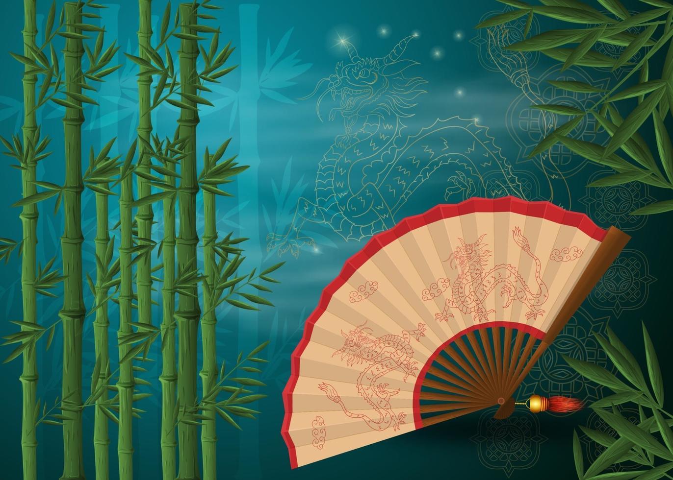Chinese fan with dragons lies among bamboo thickets vector