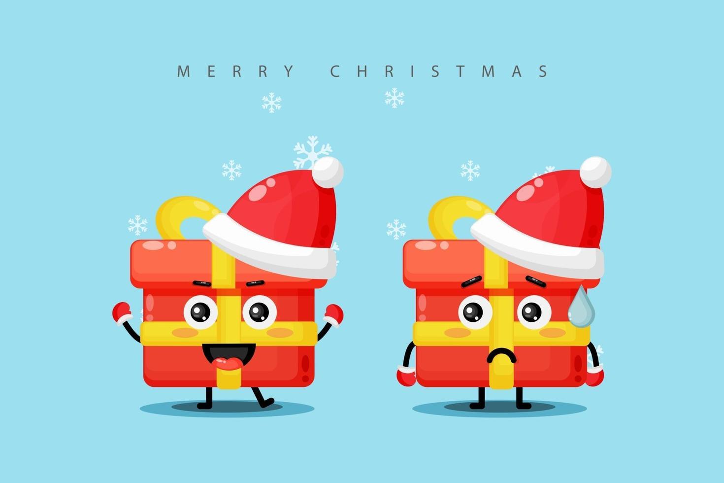 A cute gift box mascot wearing a Christmas costume with a happy and sad expression vector