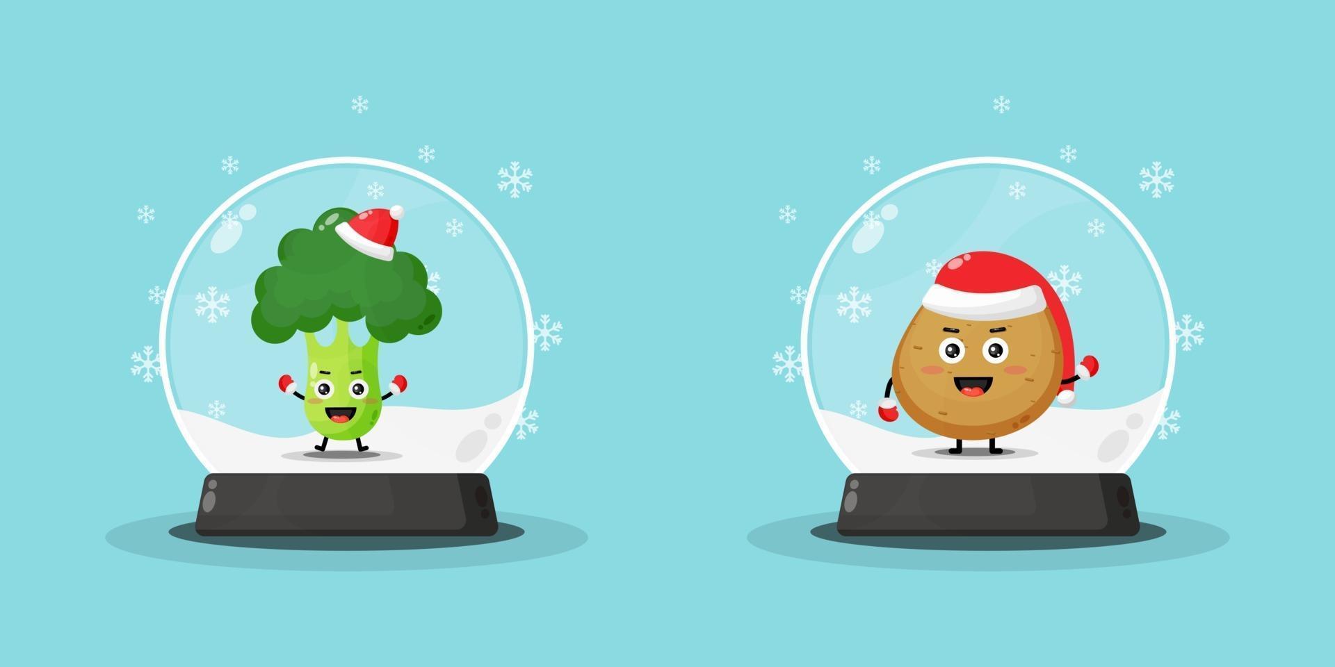 Cute broccoli and potato mascot on a snowglobe vector