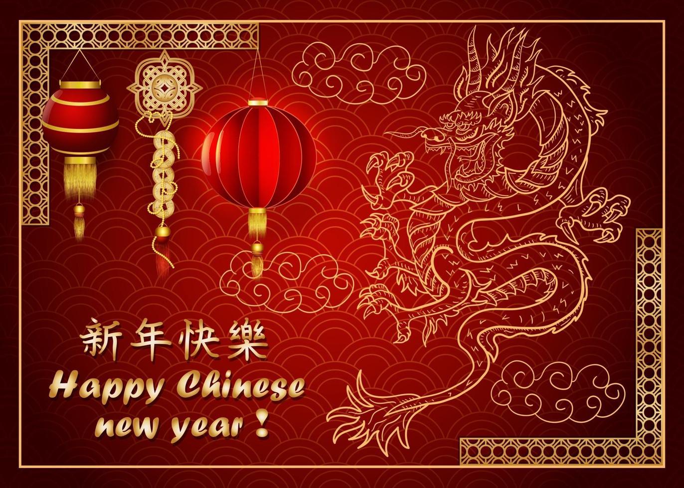 diseño de dragón asiático de contorno de año nuevo chino rojo y dorado vector
