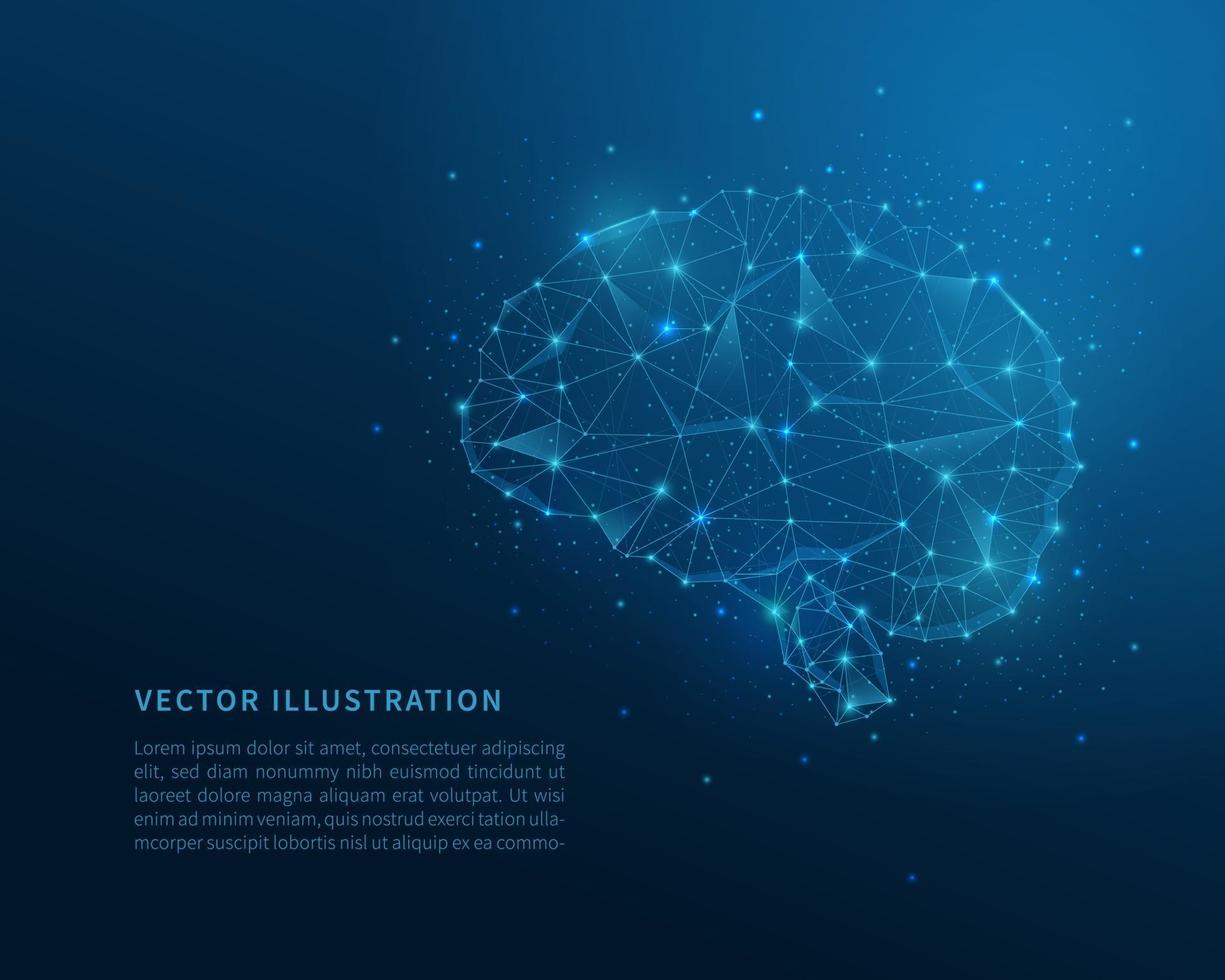 Brain low poly wireframe. Polygonal wireframe illustration with lines and dots. Vector concept illustration.