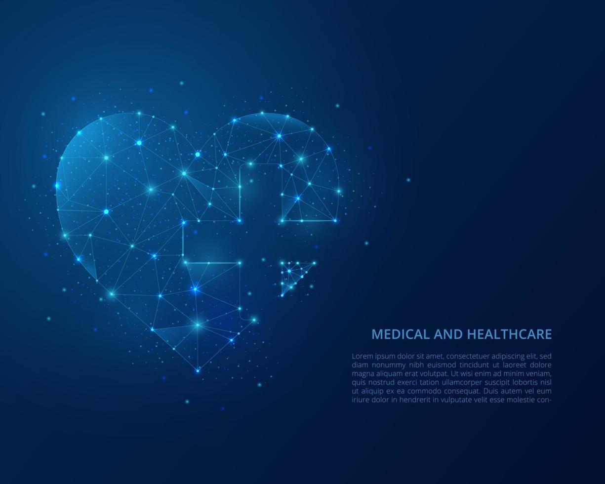 Abstract polygonal wireframe illustration of healthcare. Low poly heart on blue background. Vector illustration.