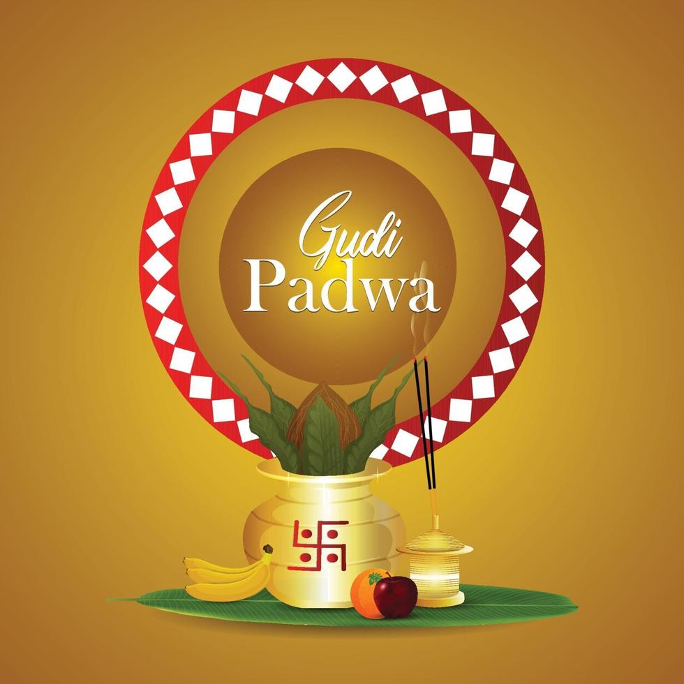 Indian festival gudi padwa with golden kalash with fruits vector