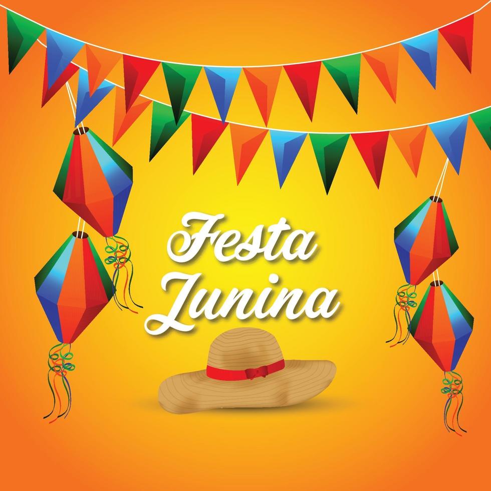 tarjetas de invitación de festa junina con tapa, bandera colorida y farolillo de papel vector