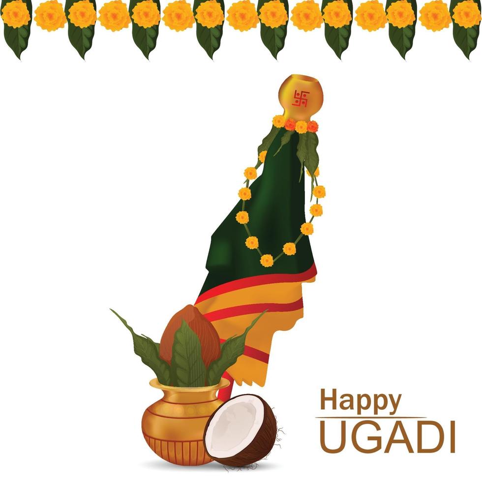 festival indio de tarjeta de celebración feliz ugadi con kalash tradicional y flor de guirnalda vector