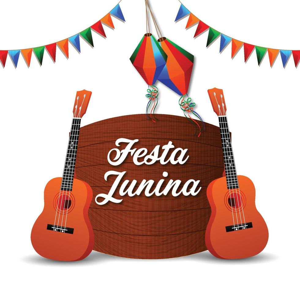 tarjetas de invitación de festa junina con guitarra y linterna de papel y fondo vector