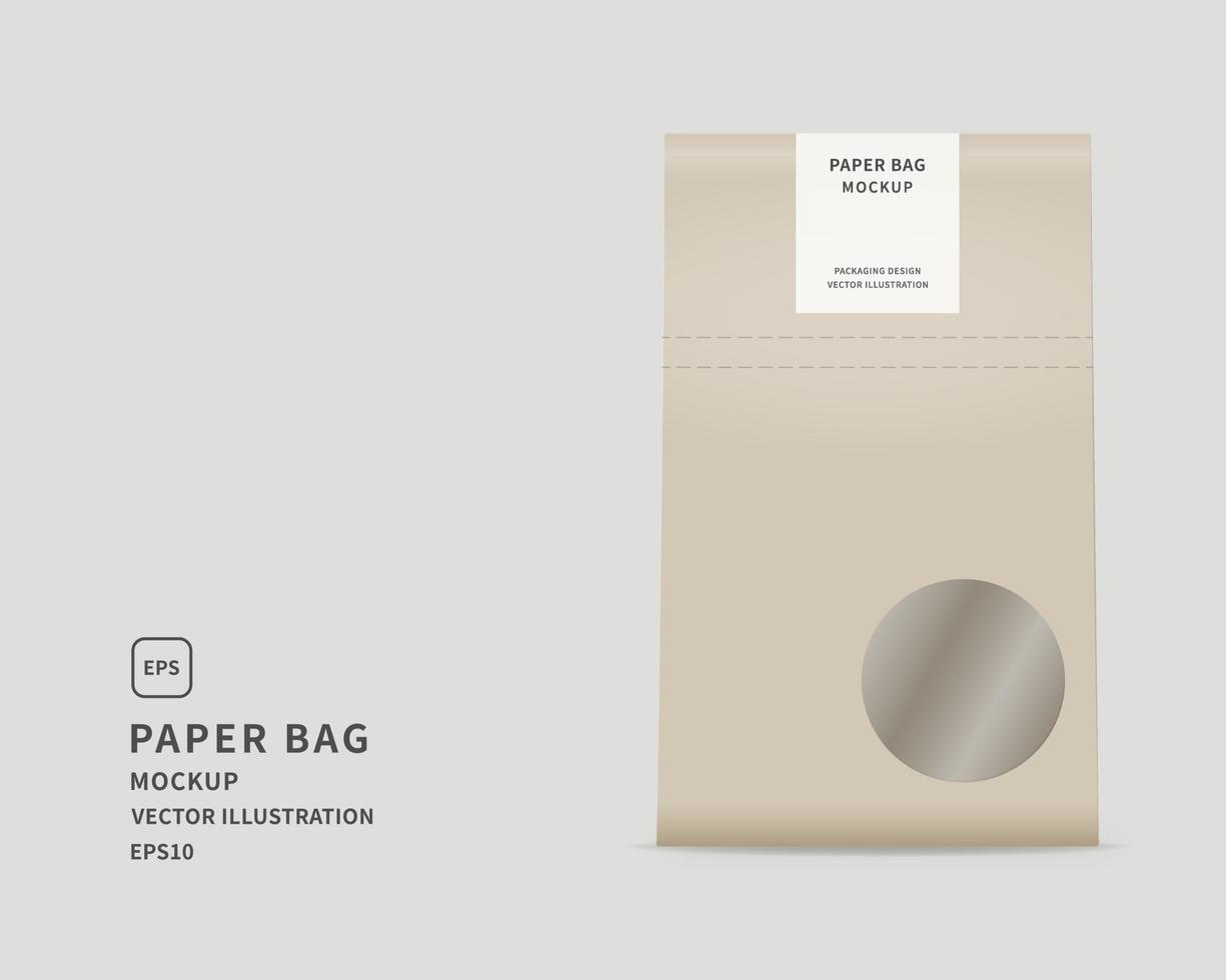 Paper bag mockup. Food packaging design. Realistic vector illustration.