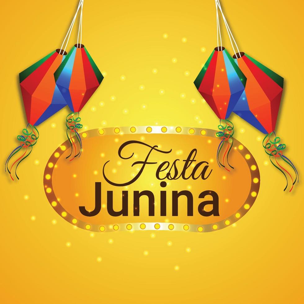 festa junina ilustración vectorial de guitarra y bandera colorida y linterna de papel vector