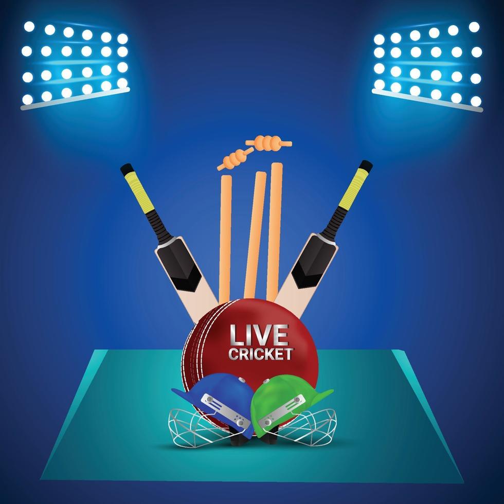 Cricket tounament match with cricket equipment and stadium background vector