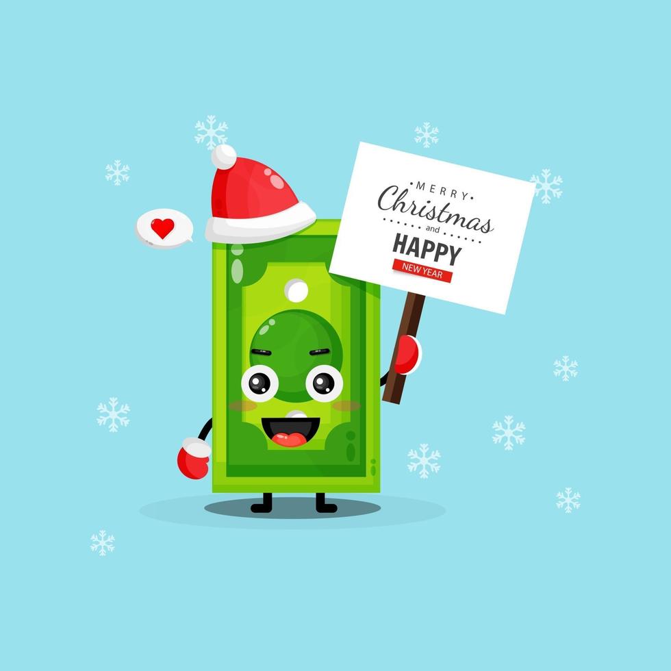 Cute money bill mascot brings a Christmas greeting board vector