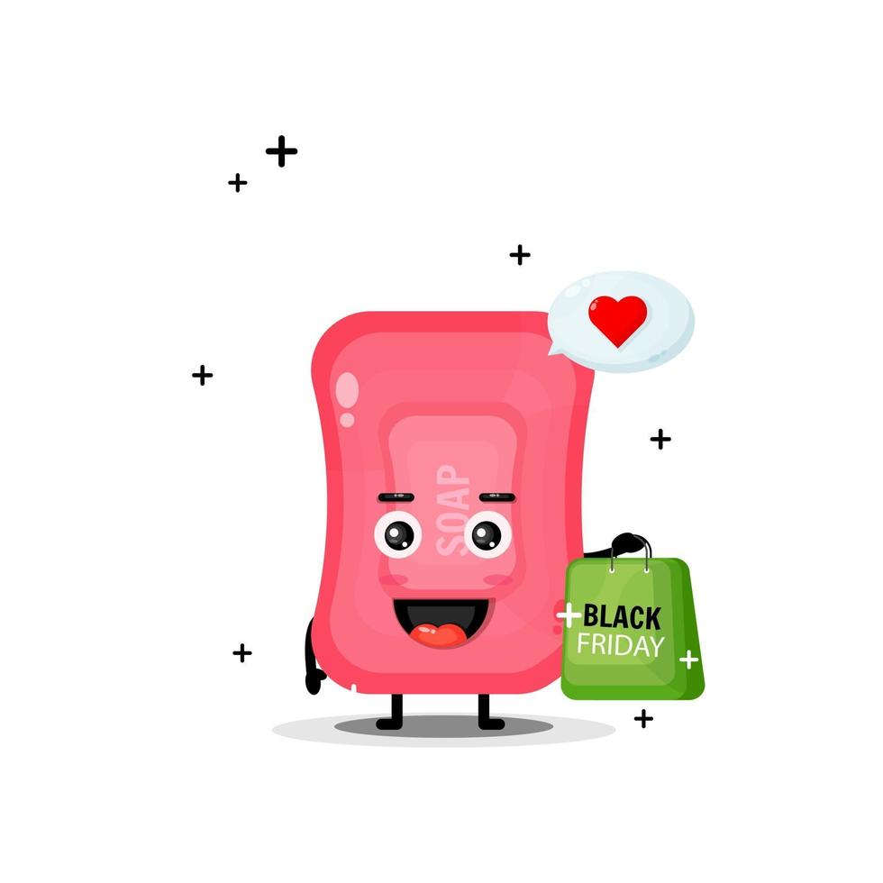 Cute soap mascot carries a black Friday shopping bag vector