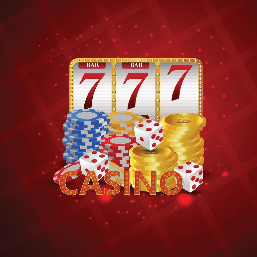 banner de invitación de lujo de casino big win con tragamonedas de póquer creativo, monedas de oro, fichas de casino y tragamonedas. vector
