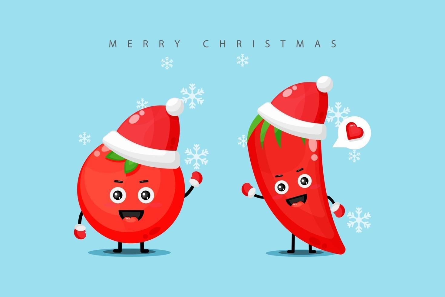 linda mascota de tomate y chile rojo con traje de navidad vector