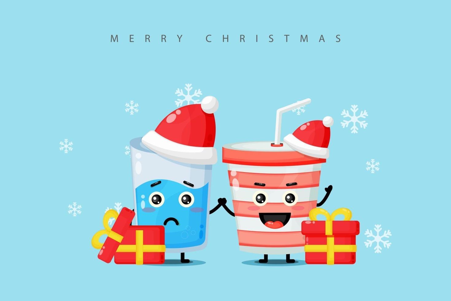 Cute water glass and soda water cup mascot wearing a Christmas hat vector