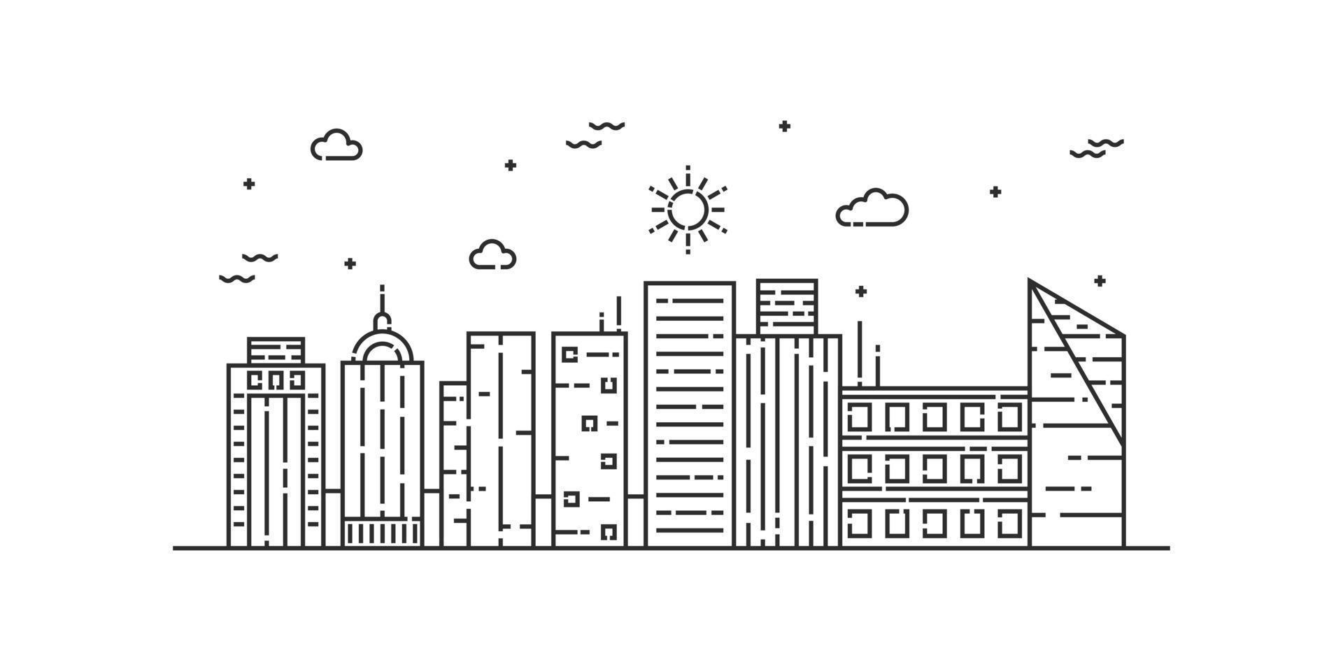 City landscape line art vector. Thin line city landscape with building, clouds, sun. Vector illustration.