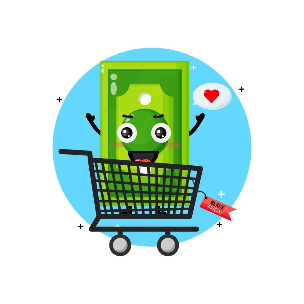 Cute money banknote mascot in shopping cart with black friday discount vector