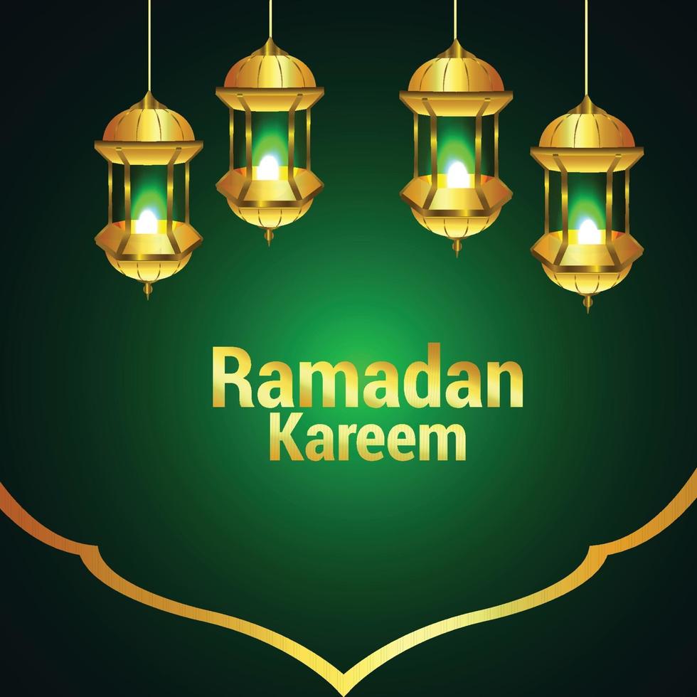 ramadan kareem o eid mubarak sobre fondo verde con patrón árabe y linterna vector