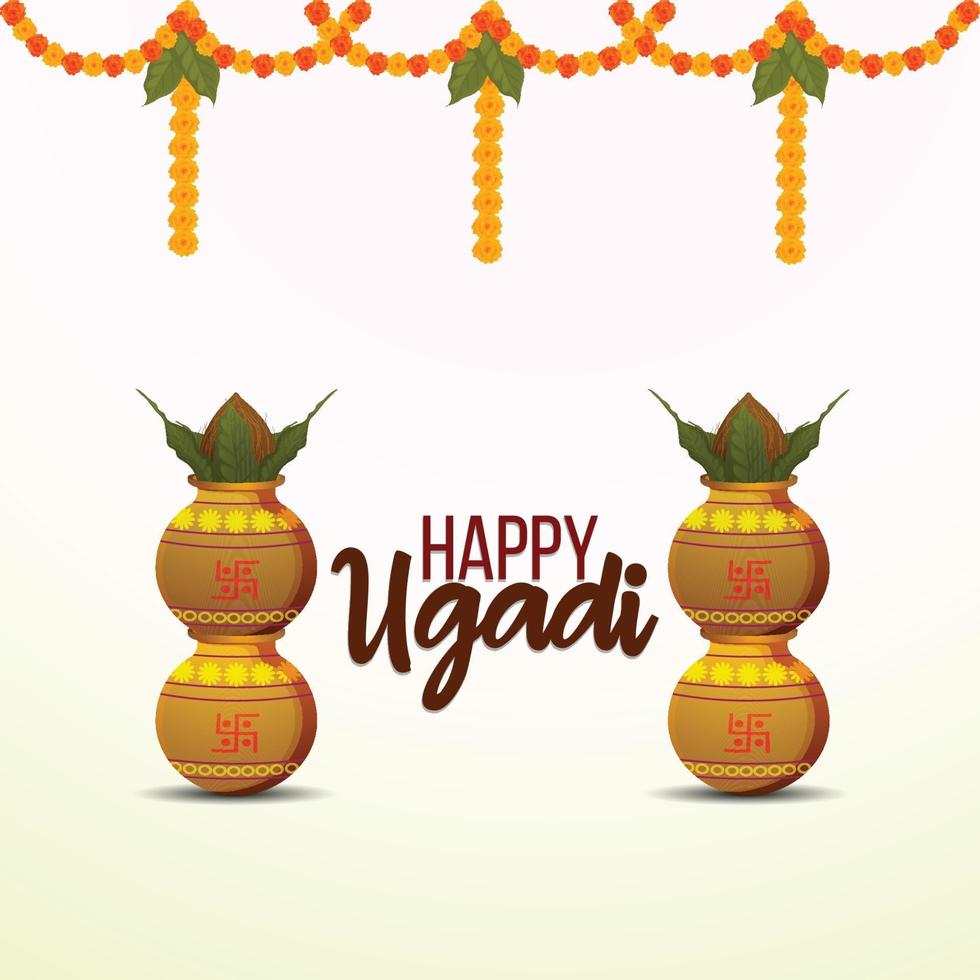 feliz celebración de ugadi ilustración sobre fondo blanco con kalash creativo vector