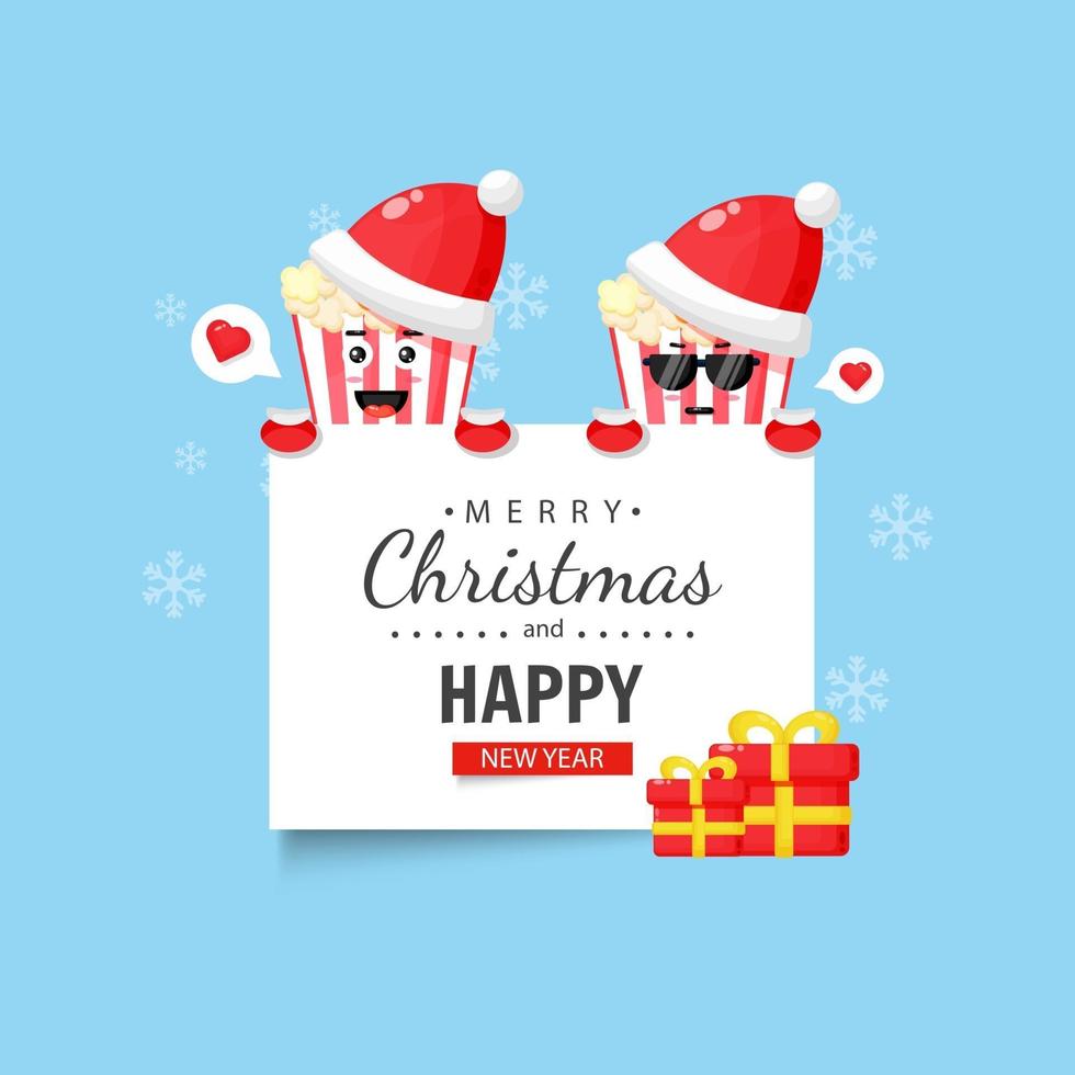 Cute popcorn with happy christmas and new year wishes vector