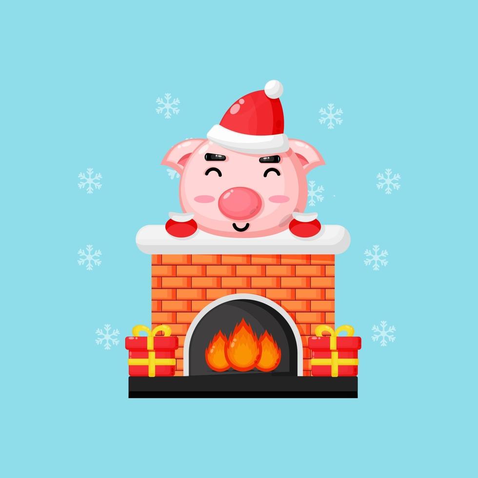 lindo cerdo en la chimenea de navidad vector