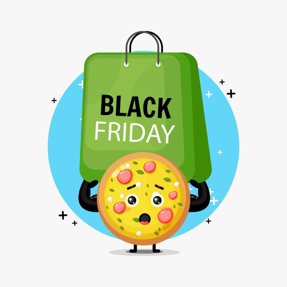 Cute pizza mascot carrying a black friday bag vector