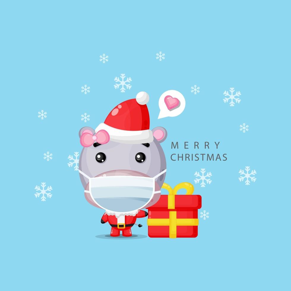 Cute hippo wearing a santa claus costume and a medical mask vector