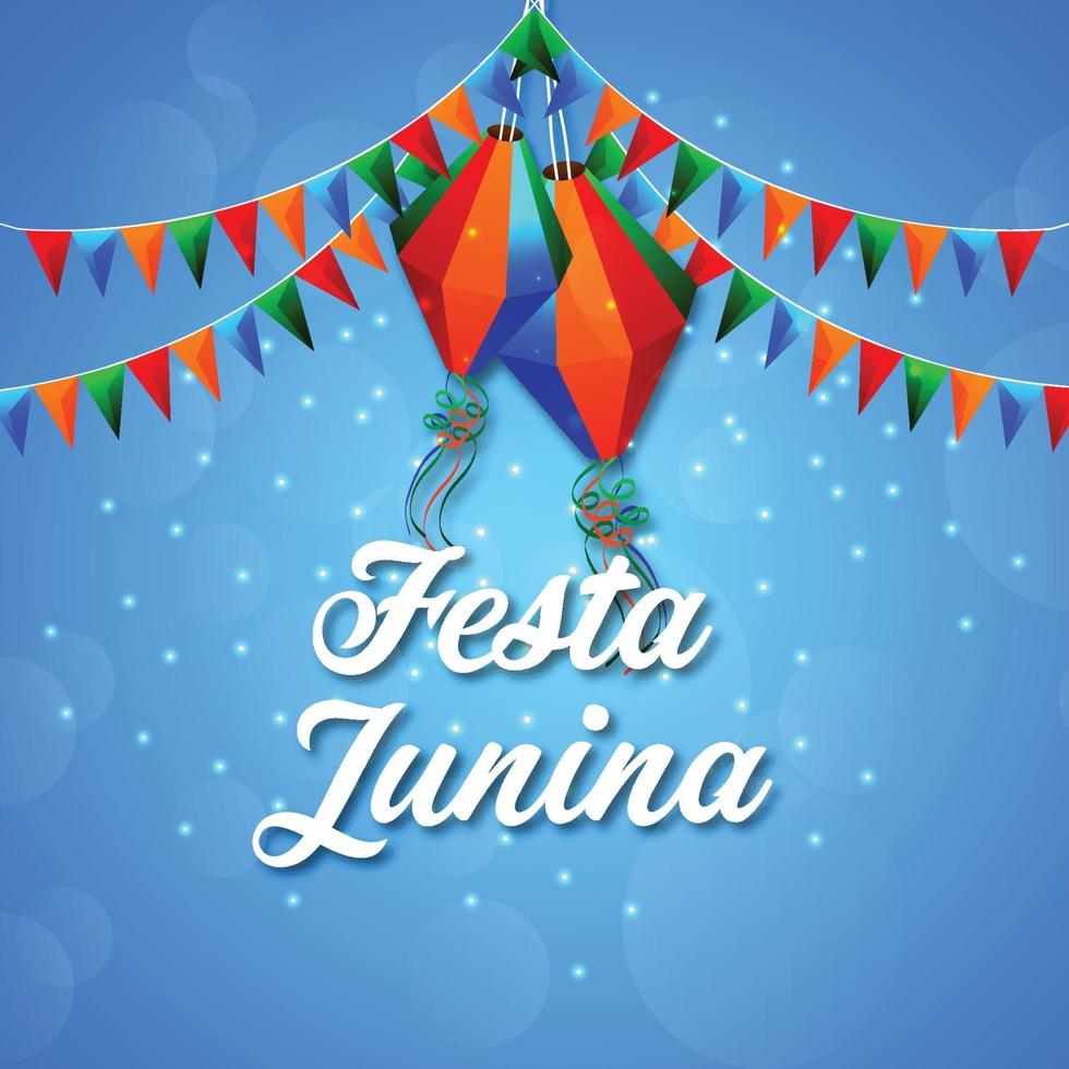 Ilustración de festa junina con bandera de fiesta colorida y linterna de papel sobre fondo creativo vector