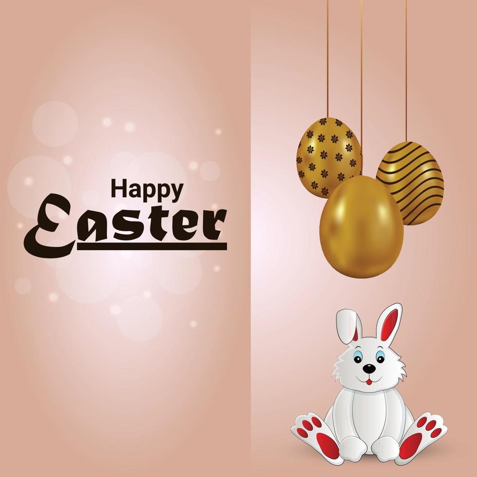 Happy easter day invitation card with golden easter egg and easter bunny vector