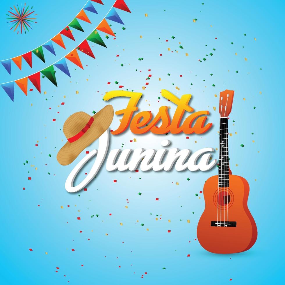 Festa junina illustration with creative guitar with colorful party flag vector