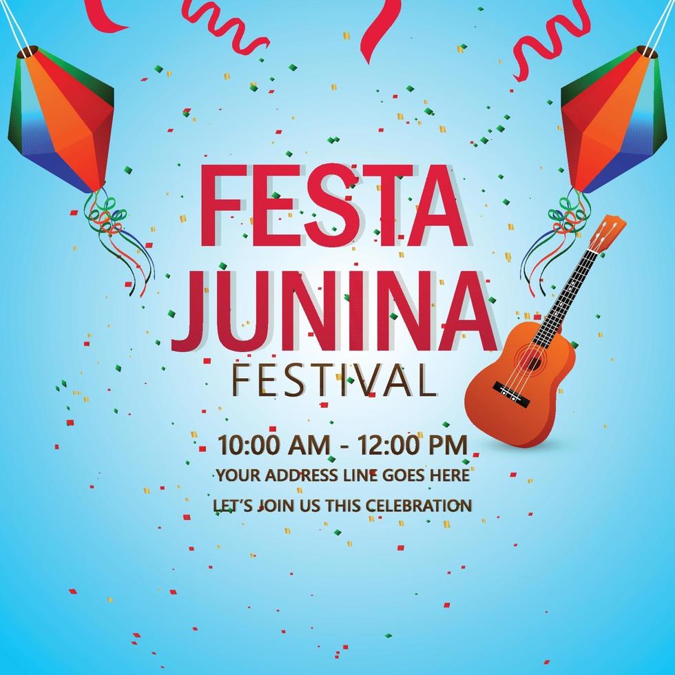 Ilustración vectorial de fondo festa junina con guitarra creativa y linterna de papel de colores vector