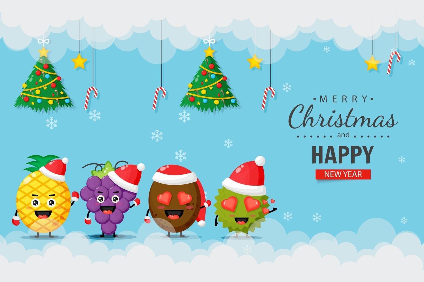 frutas lindas con sombreros navideños. plantilla de diseño de banner de feliz navidad vector