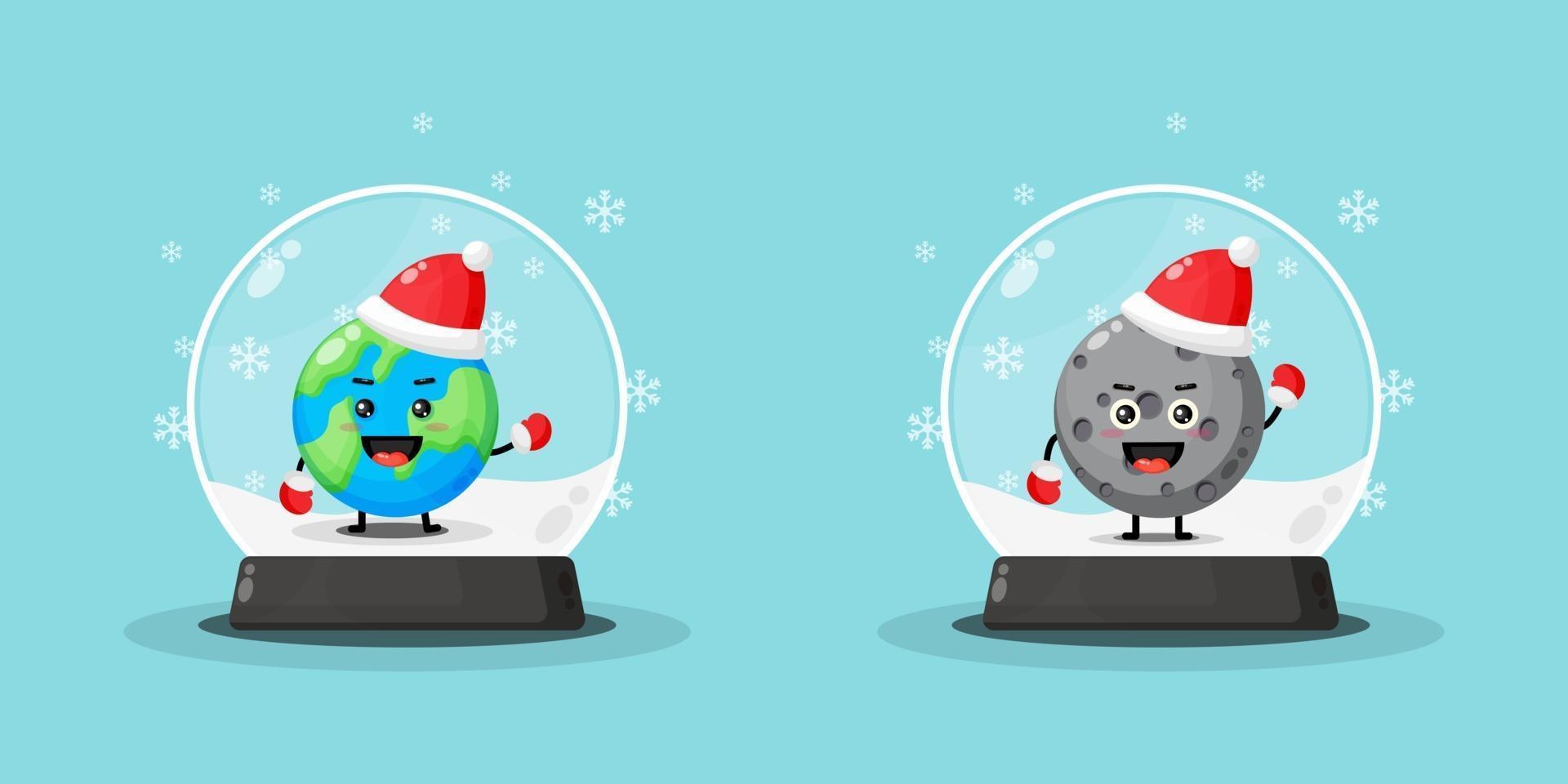 Cute earth and moon mascot inside a snow globe vector