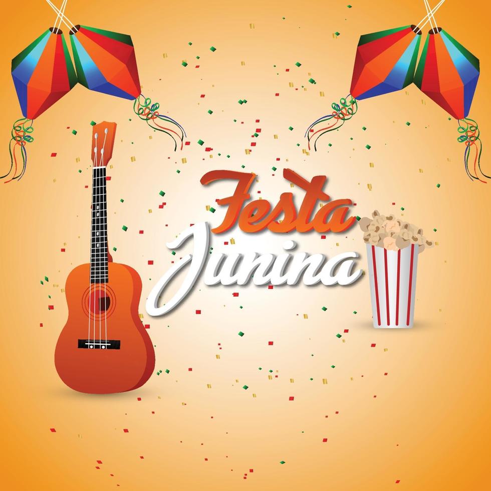 tarjeta de invitación de festa junina con linterna de papel de colores creativos y guitarra vector