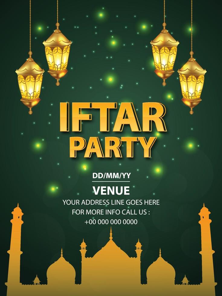 Vector illustration of iftar party flyer with golden lantern and green background