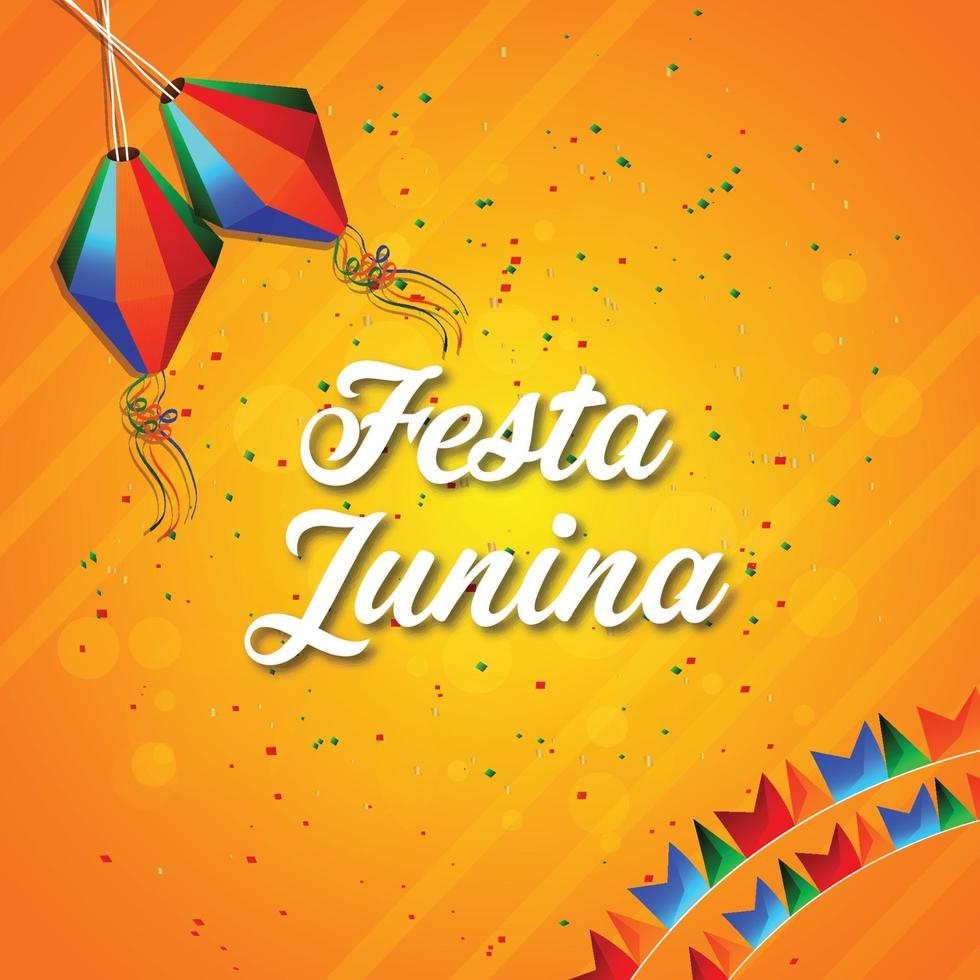 Ilustración de vector de festa junina con guitarra, bandera de fiesta colorida y linterna de papel