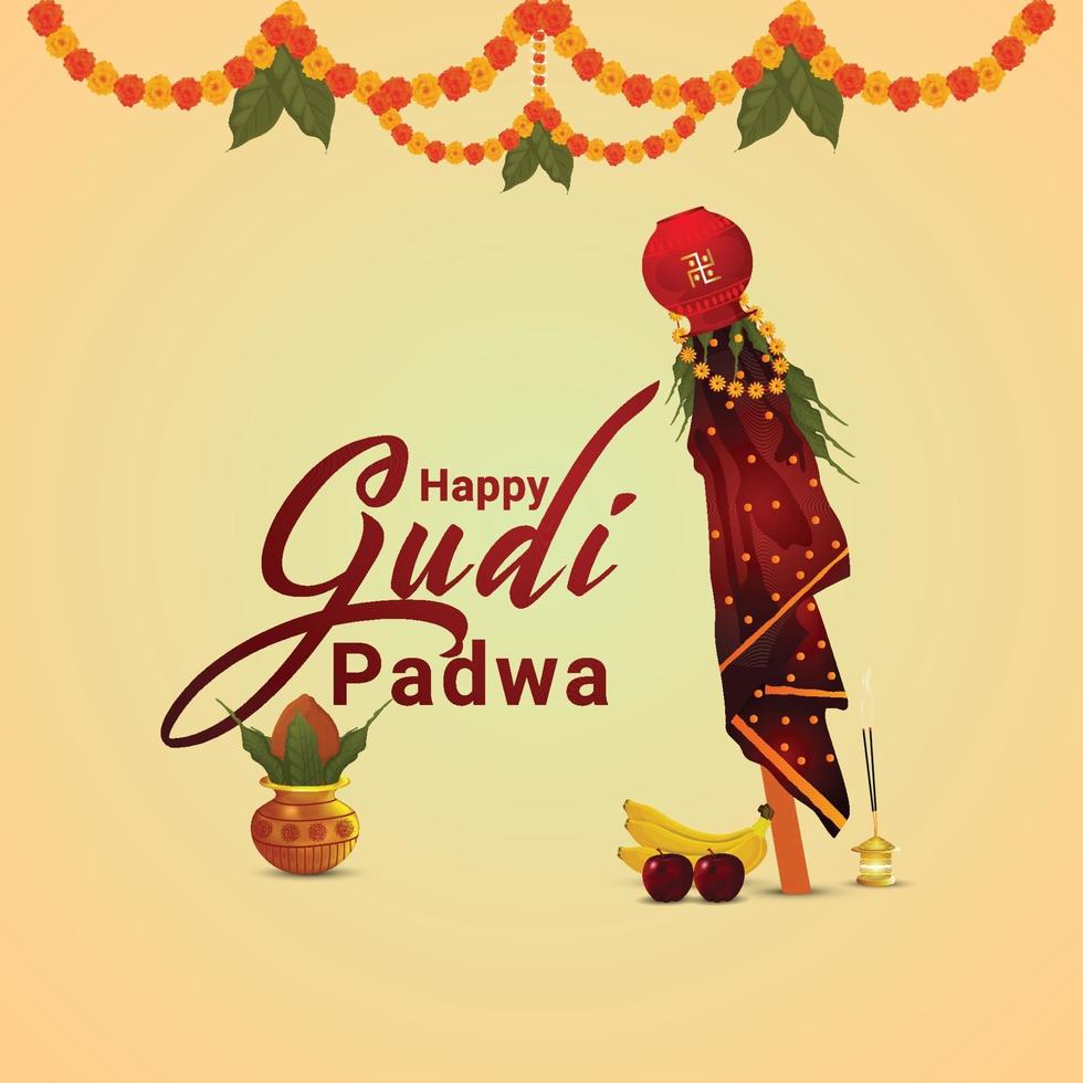 Tarjeta de felicitación de feliz celebración de gudi padwa con ilustración tradicional vector