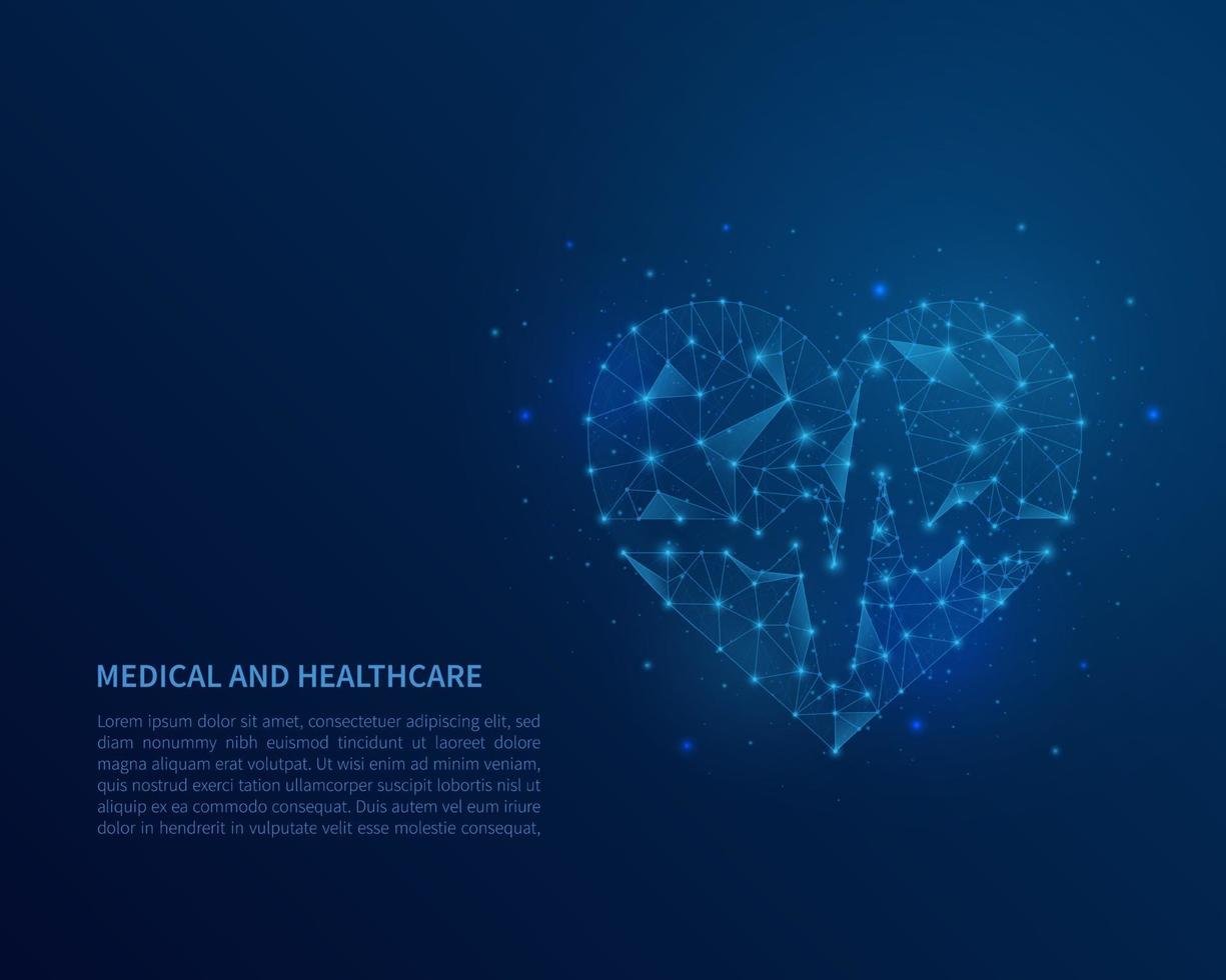 Abstract polygonal wireframe heart on blue background. Medical and healthcare concept. Vector illustration.