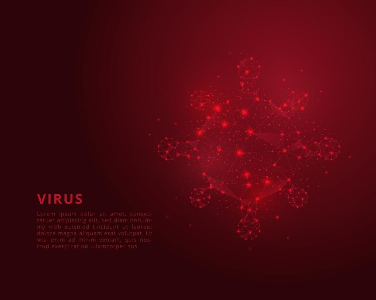 Global virus and disease spread. Covid-19 virus. Abstract polygonal wireframe viral microbe isolated on red background. Vector illustration.